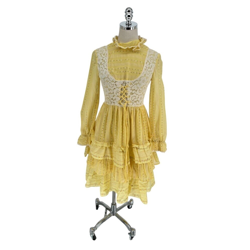 Vintage Dress Women's Size XS Yellow Floral Lace Corset Prairie Cottagecore